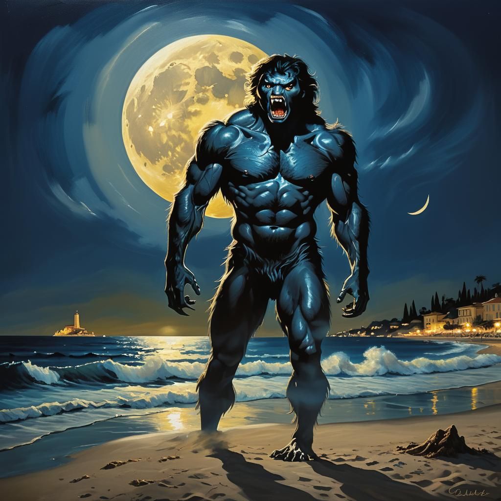 American Werewolf Roaring on Moonlit Riviera Beach
