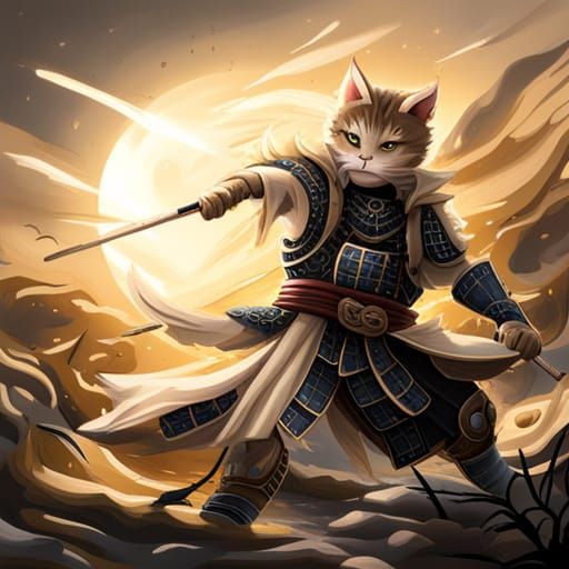 Samurai Cat Action Painting with Lightning