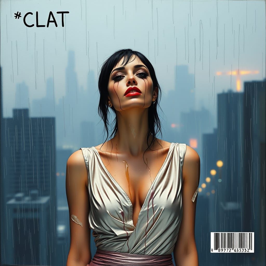 Surreal City Goddess Drenched in Rain and Neon