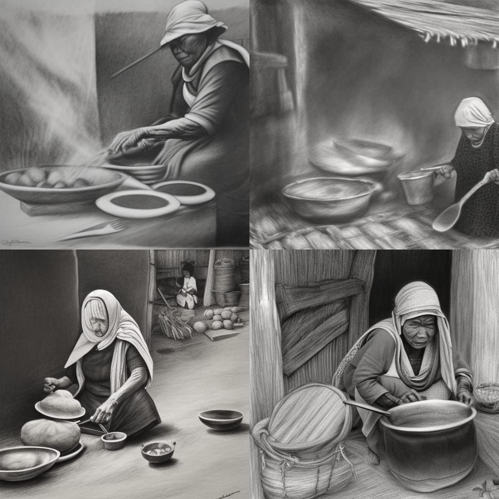 Detailed Charcoal Drawing of Old Woman Cooking