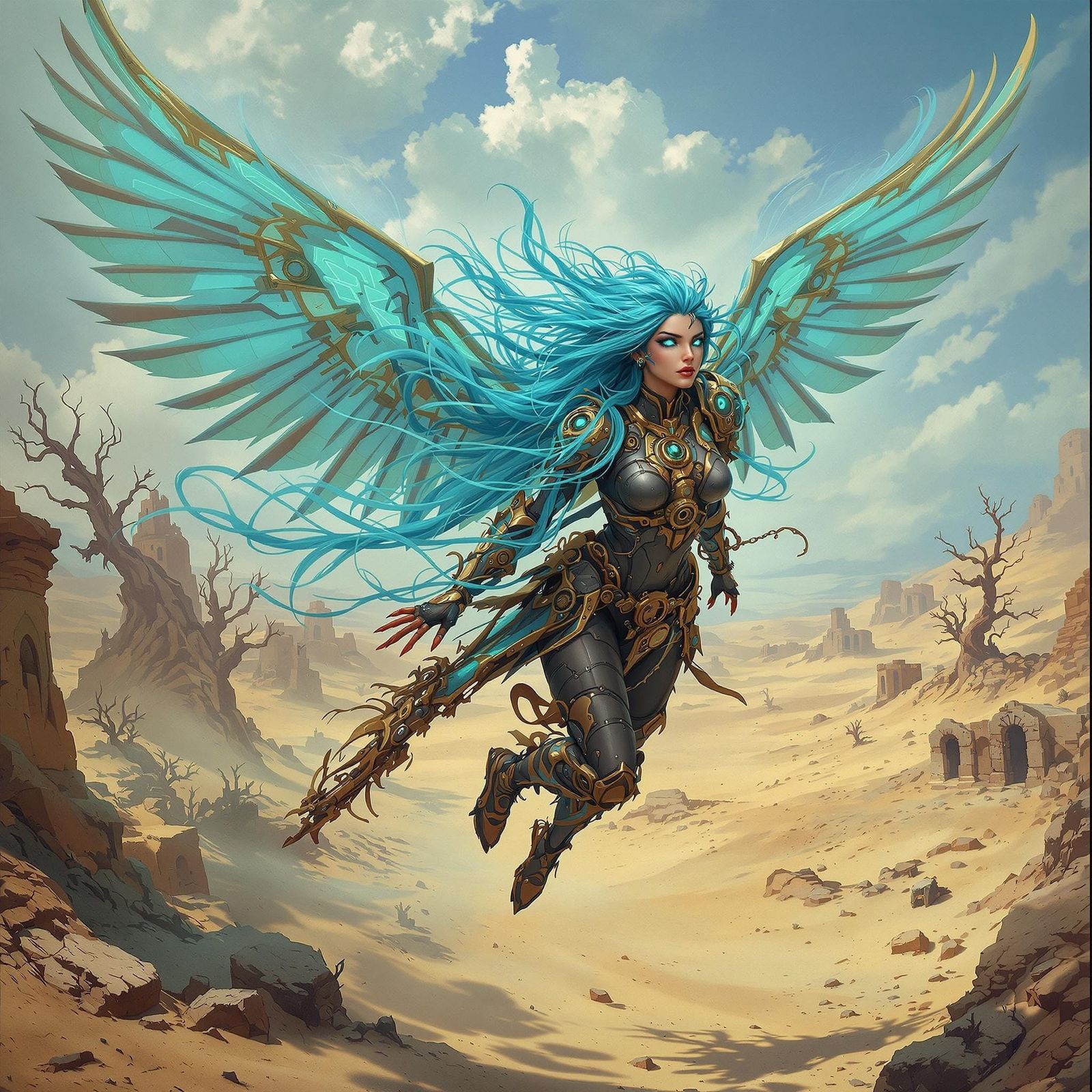 Dieselpunk Valkyrie Soaring Over Desert Landscape