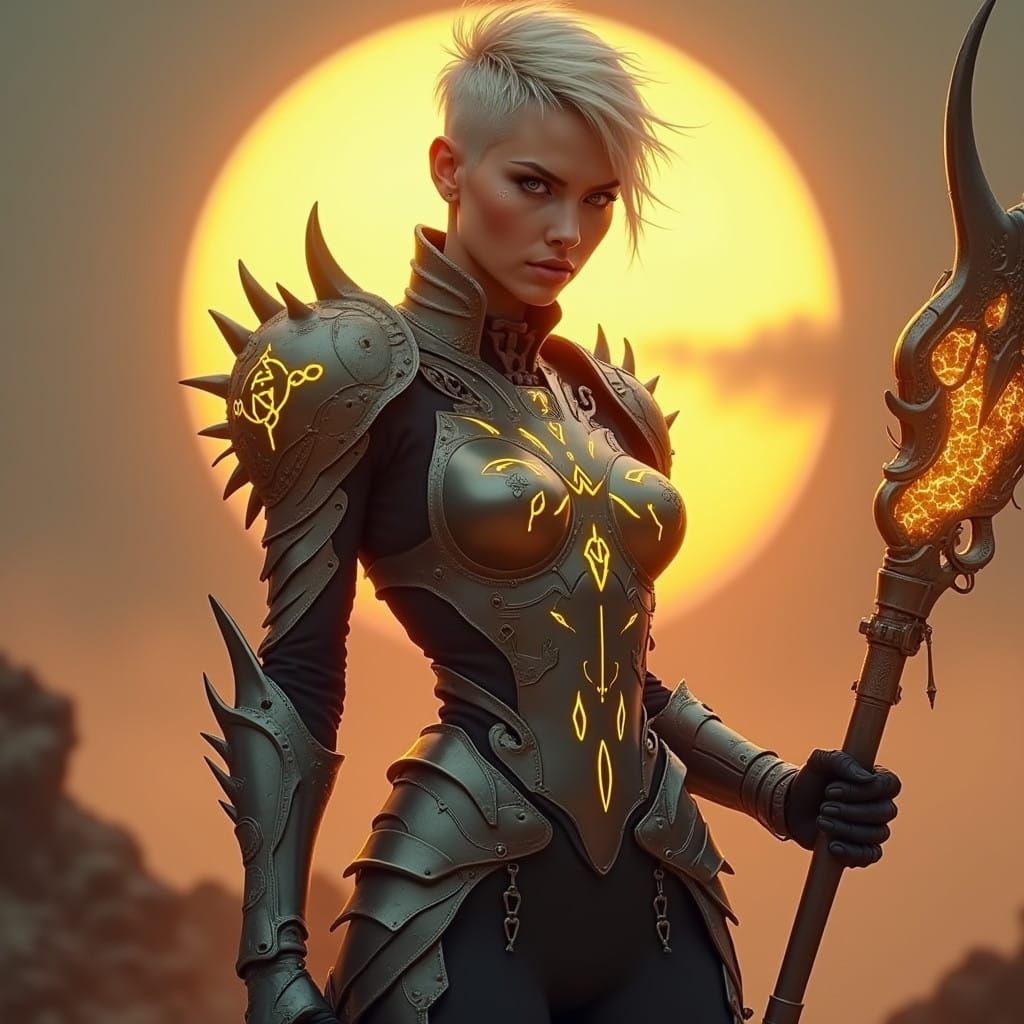 Ethereal Sorceress in Cyberpunk Armor Embracing a Fiery Suns...