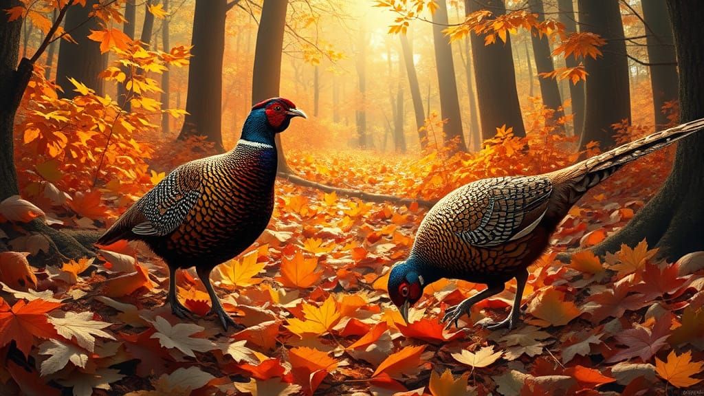 Exquisite Pheasants Foraging in Autumn Woods