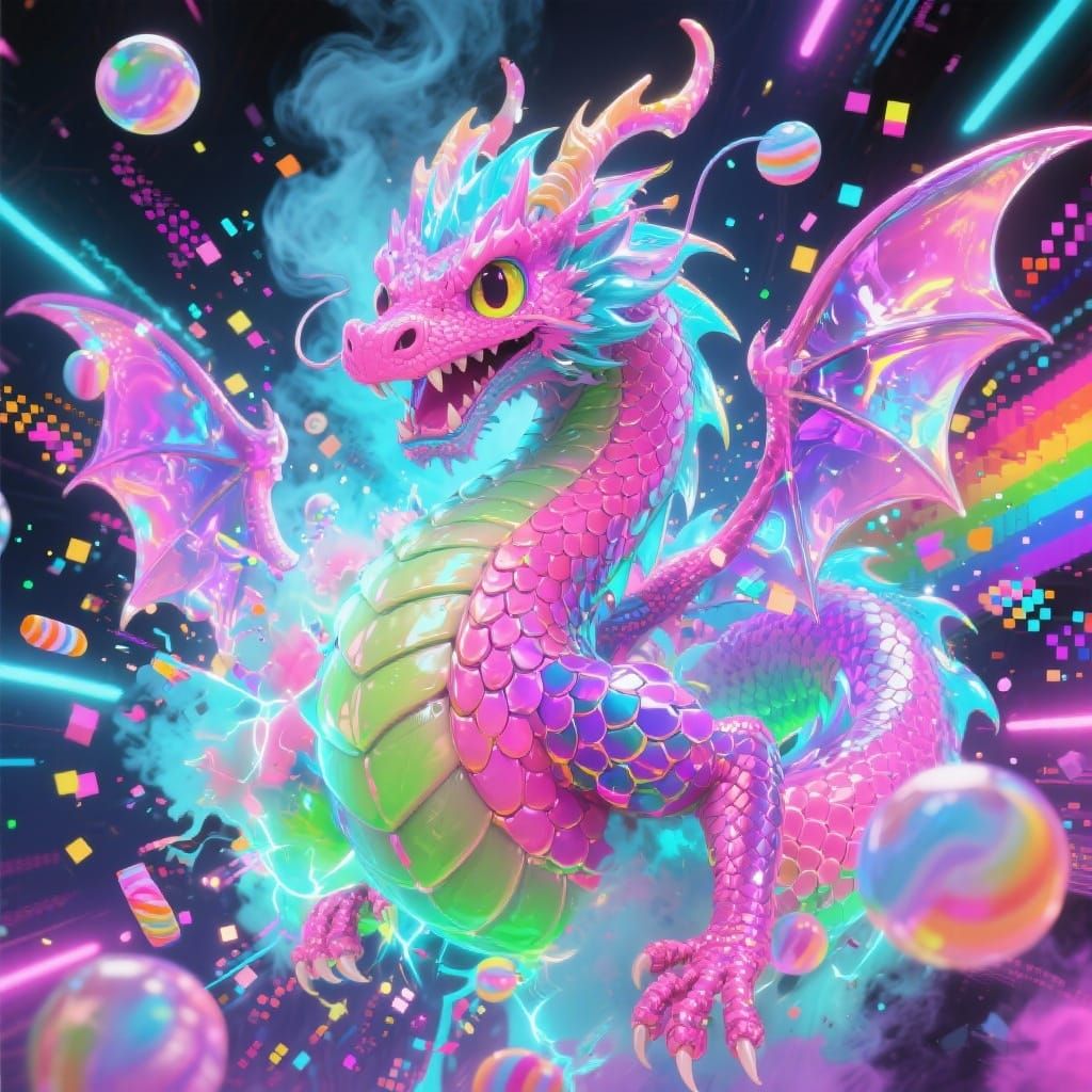 Hyperpop Dragon Explodes with Neon Colors