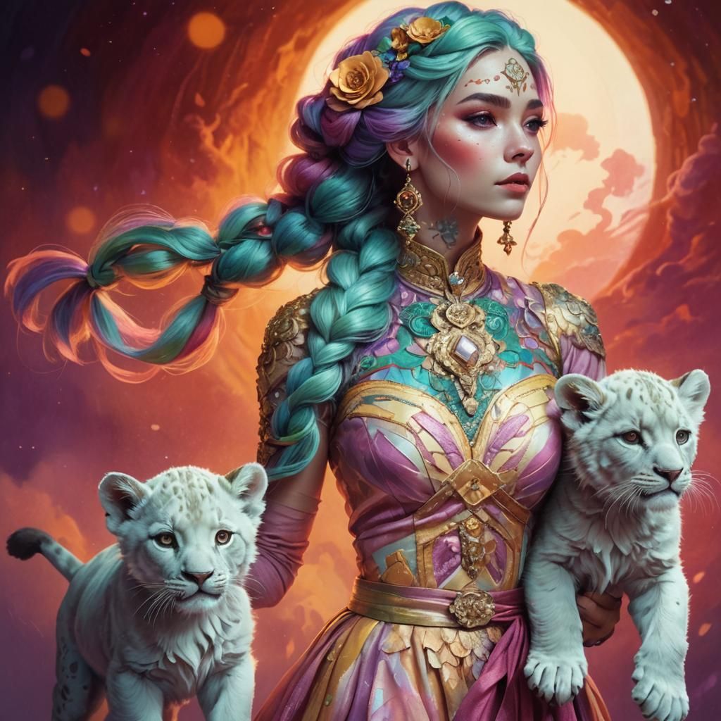 Girl with Lions: Whimsical Pastel Portrait