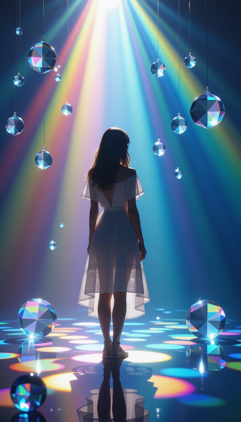 Woman in Prismatic Light and Rainbow Shadows