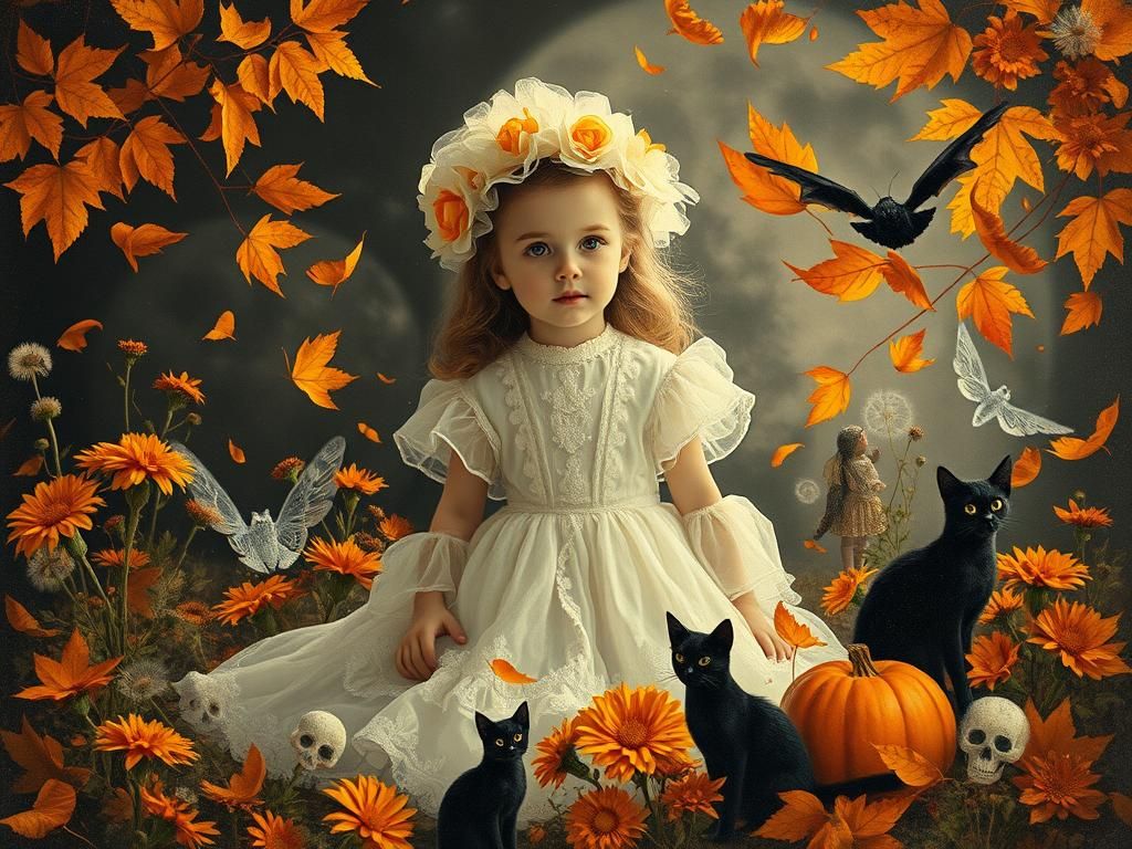 surreal autumn , ghostly Halloween , highly detailed drawing a sugar skull death moth,
black cat, Jack O lanter...