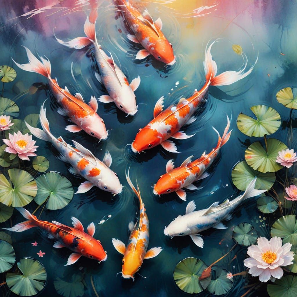 Ethereal Watercolor Koi Pond at Sunrise