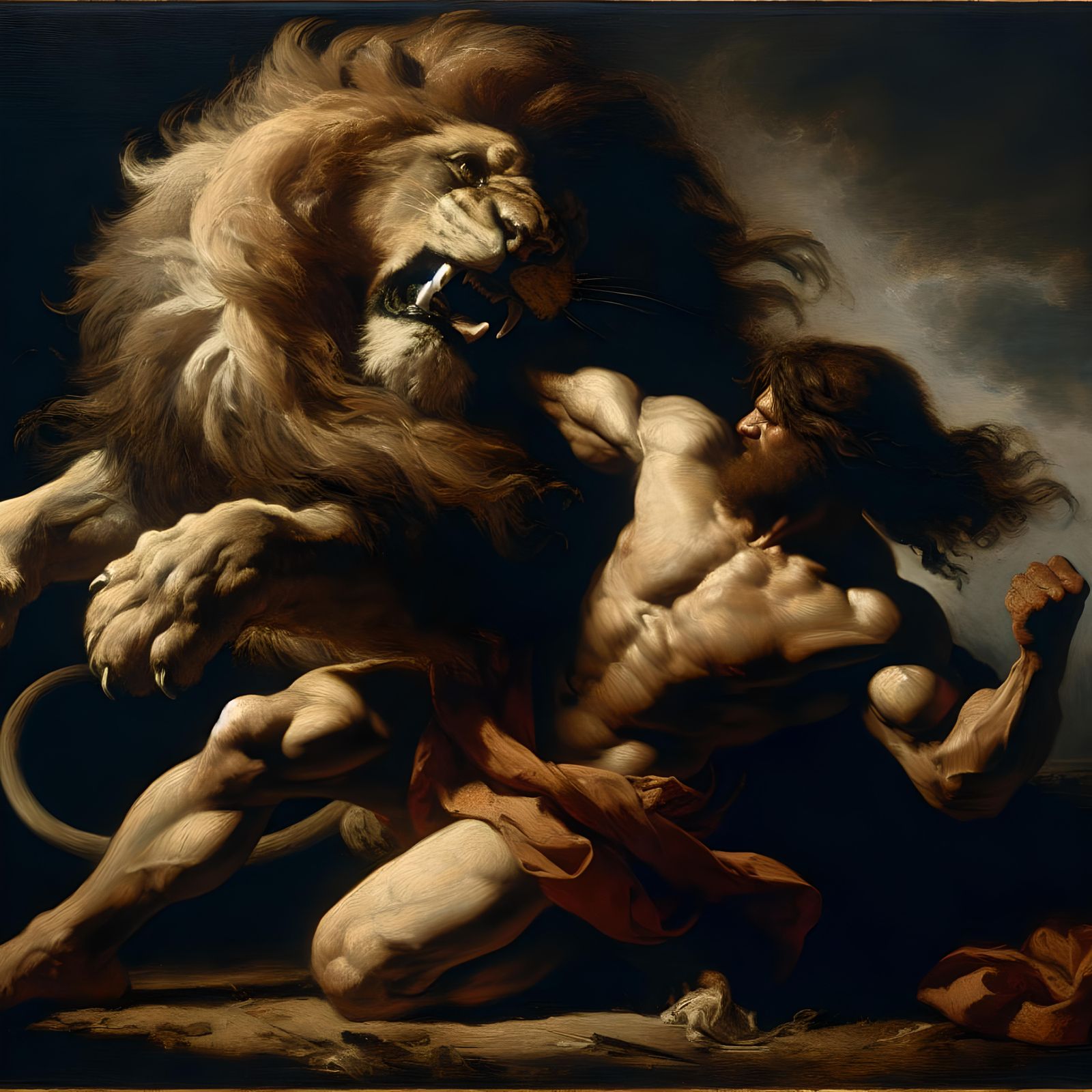 Man's Night Battle with Lion in Baroque Style