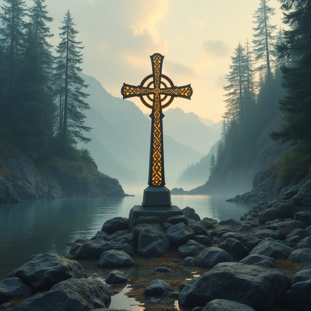 Celtic Christian Cross Standing Alone on Canadian Coastline