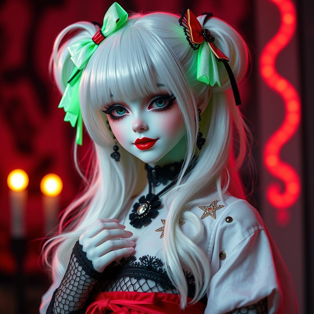 Gothic Geisha Goddess in Neon Bows and Fishnet Boots