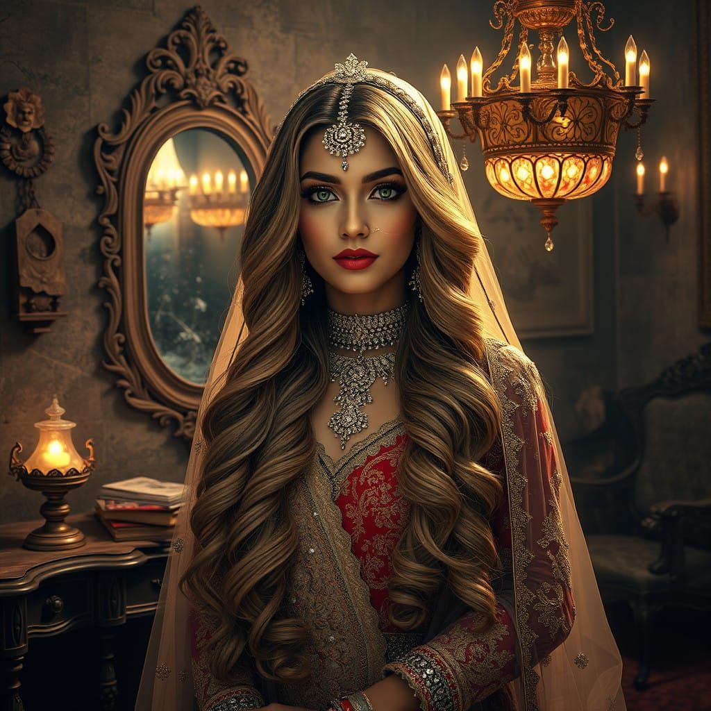 Majestic Pakistani Bride in Lavish, Antique-Filled Room