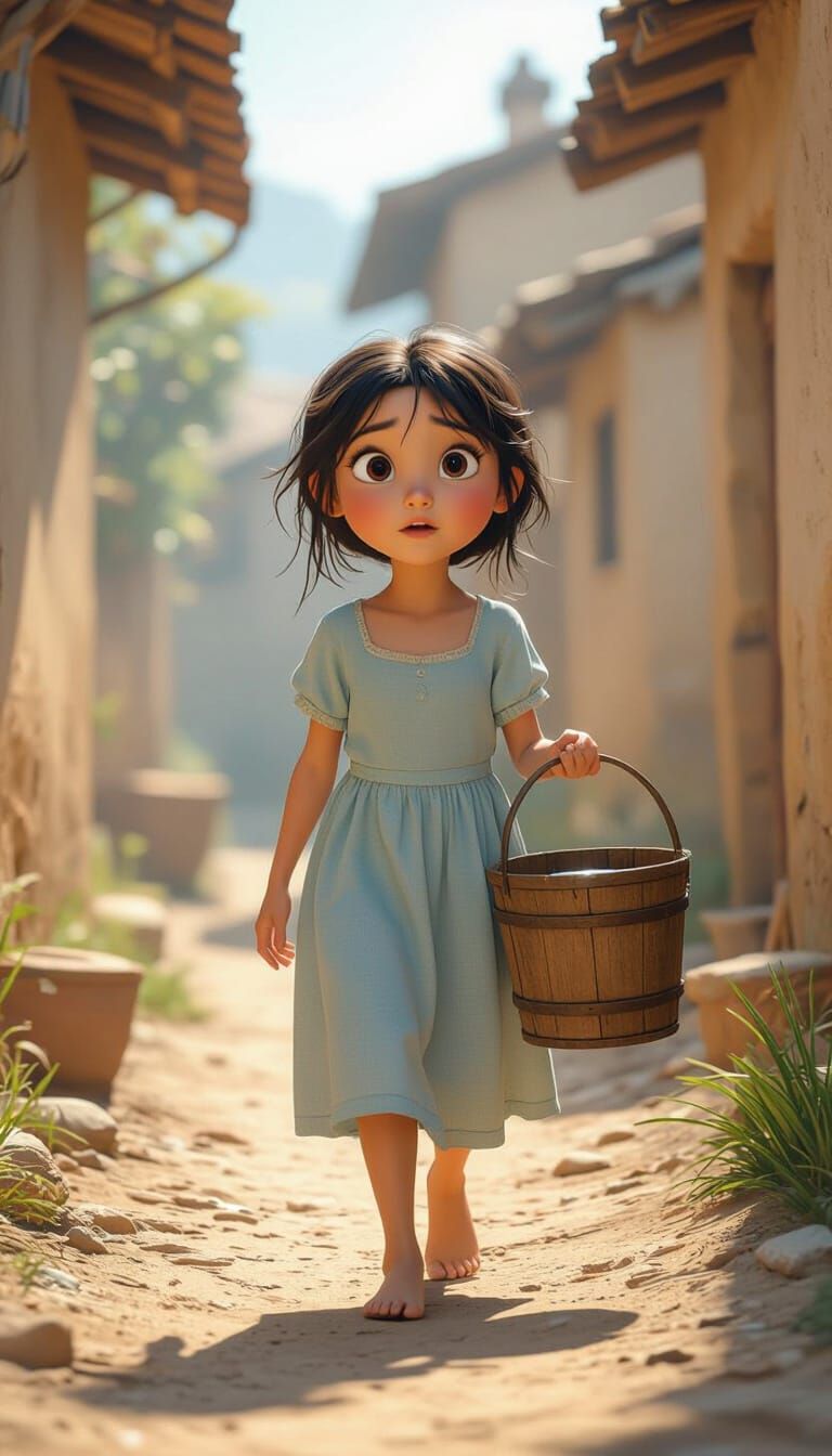 Lian Walks in Village: 3D Disney Pixar Style