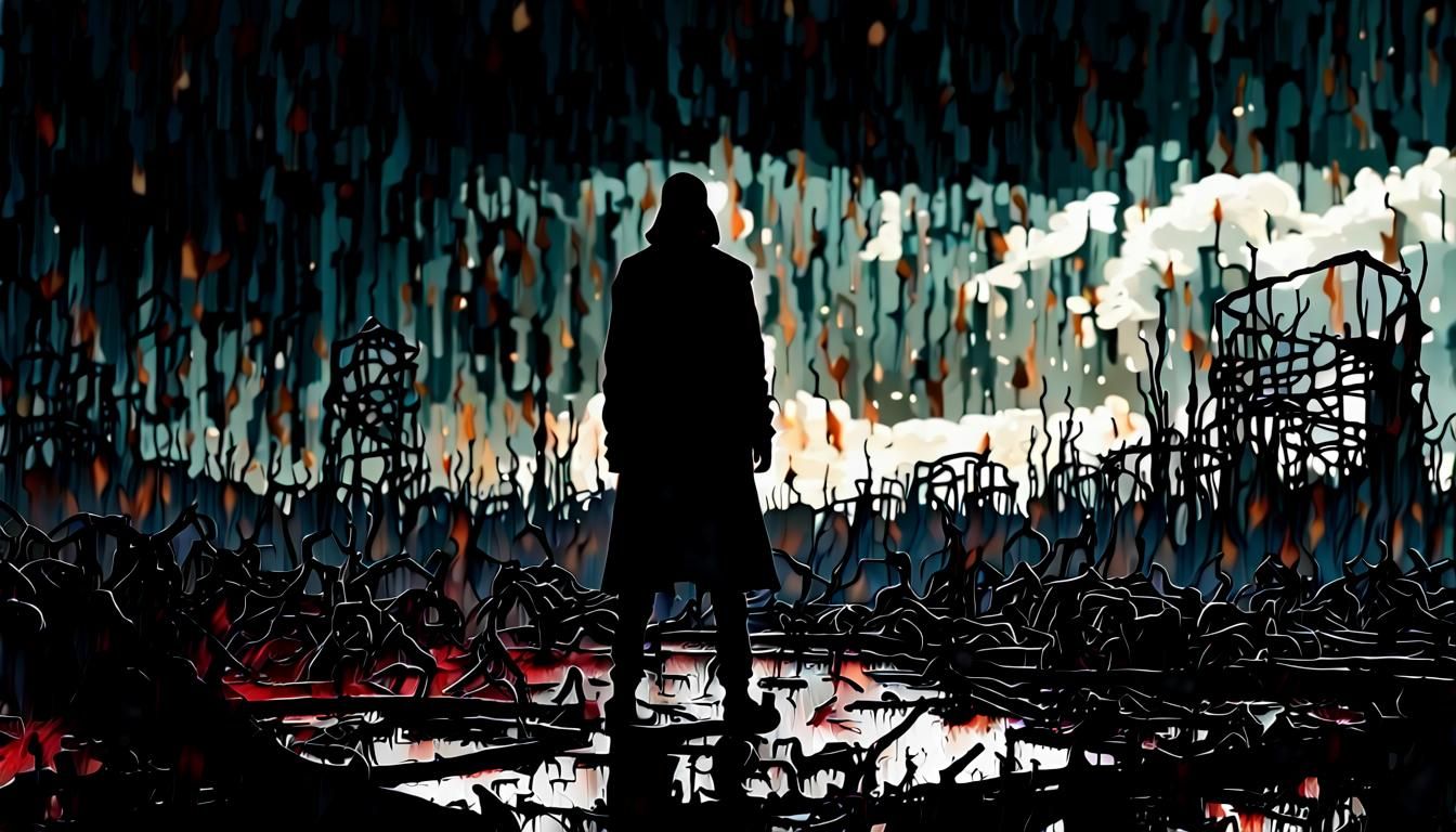 Gothic Figure in Desolate Industrial Landscape