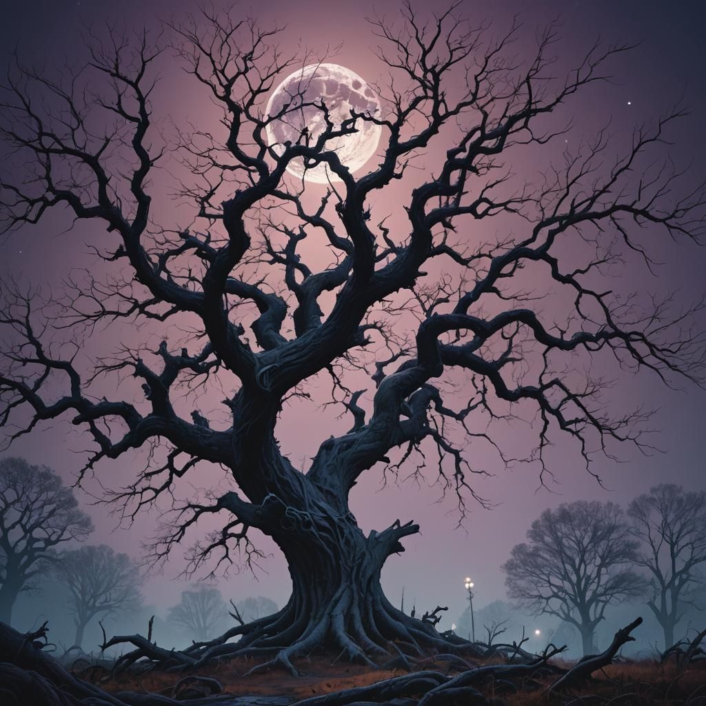 Gnarled Tree Under Moon in Dark Fantasy Landscape