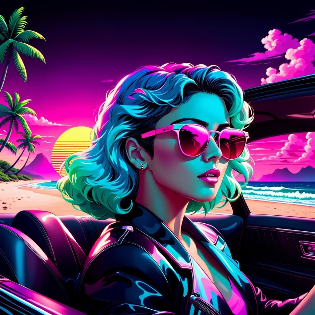 Vaporwave Car Scene on a Neon Beach