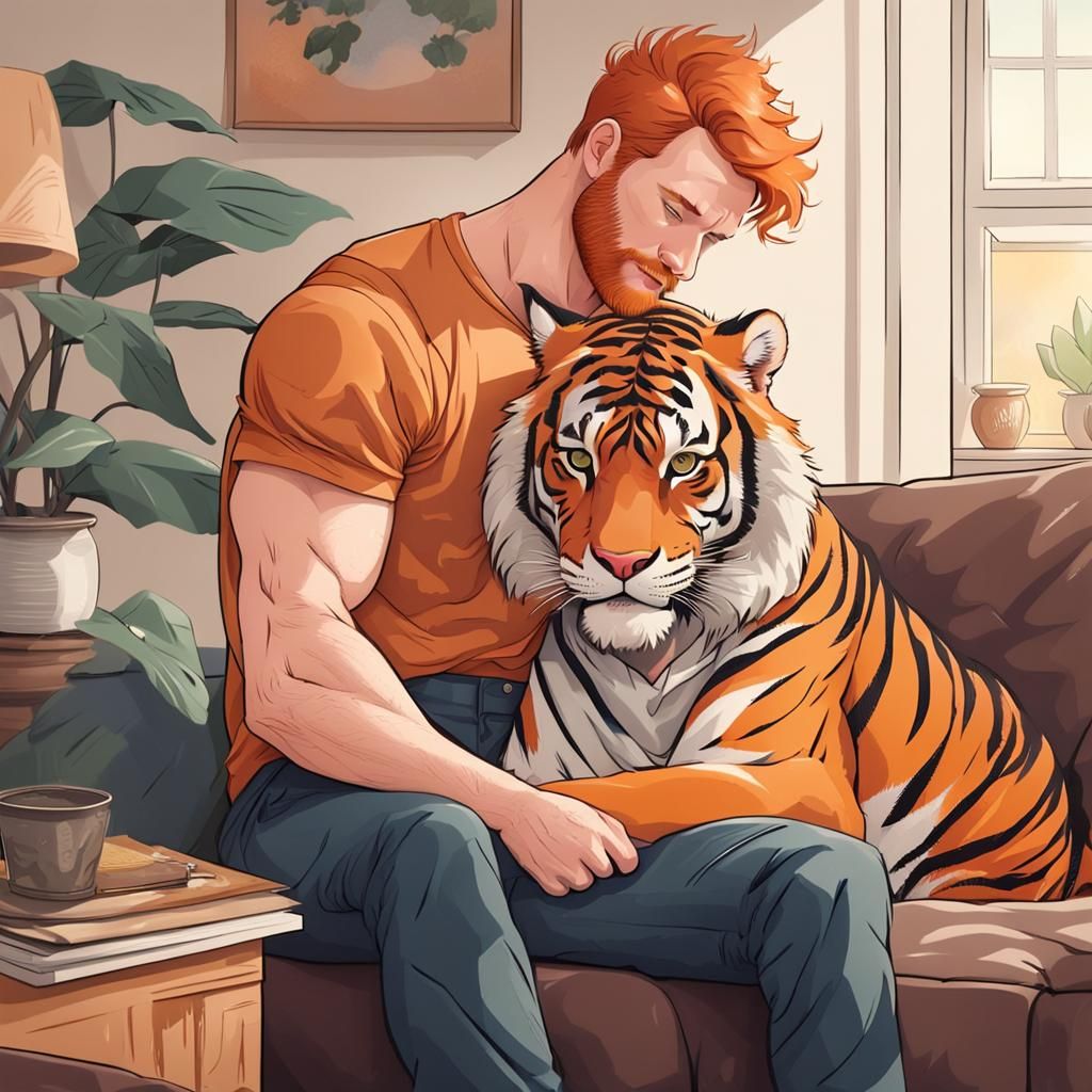 Ginger Man Cuddles Tiger in Living Room