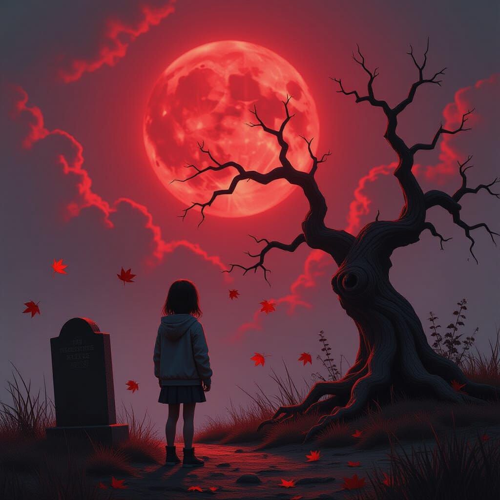 Girl by Lonely Tree Under Red Sky, Video Game Art Style