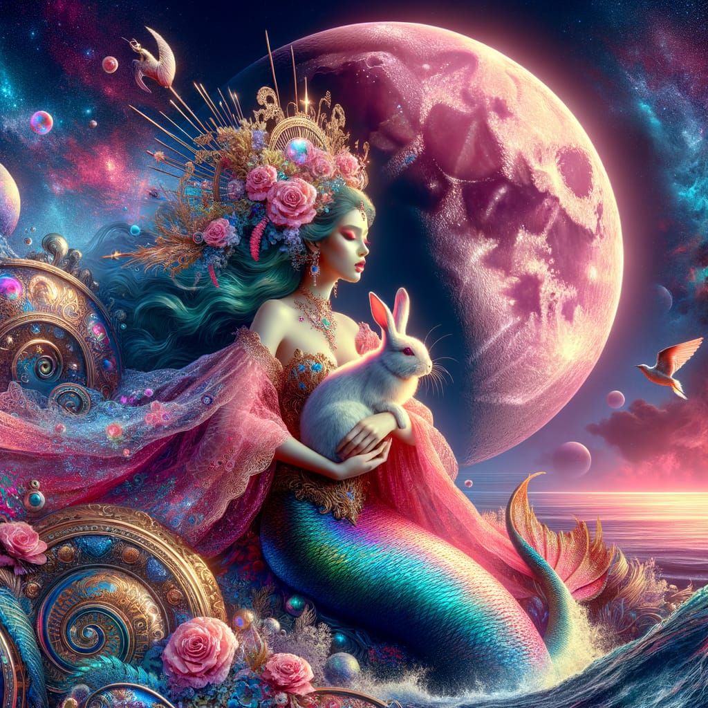 Mermaid Queen Reigns on Vibrant Pink Moon