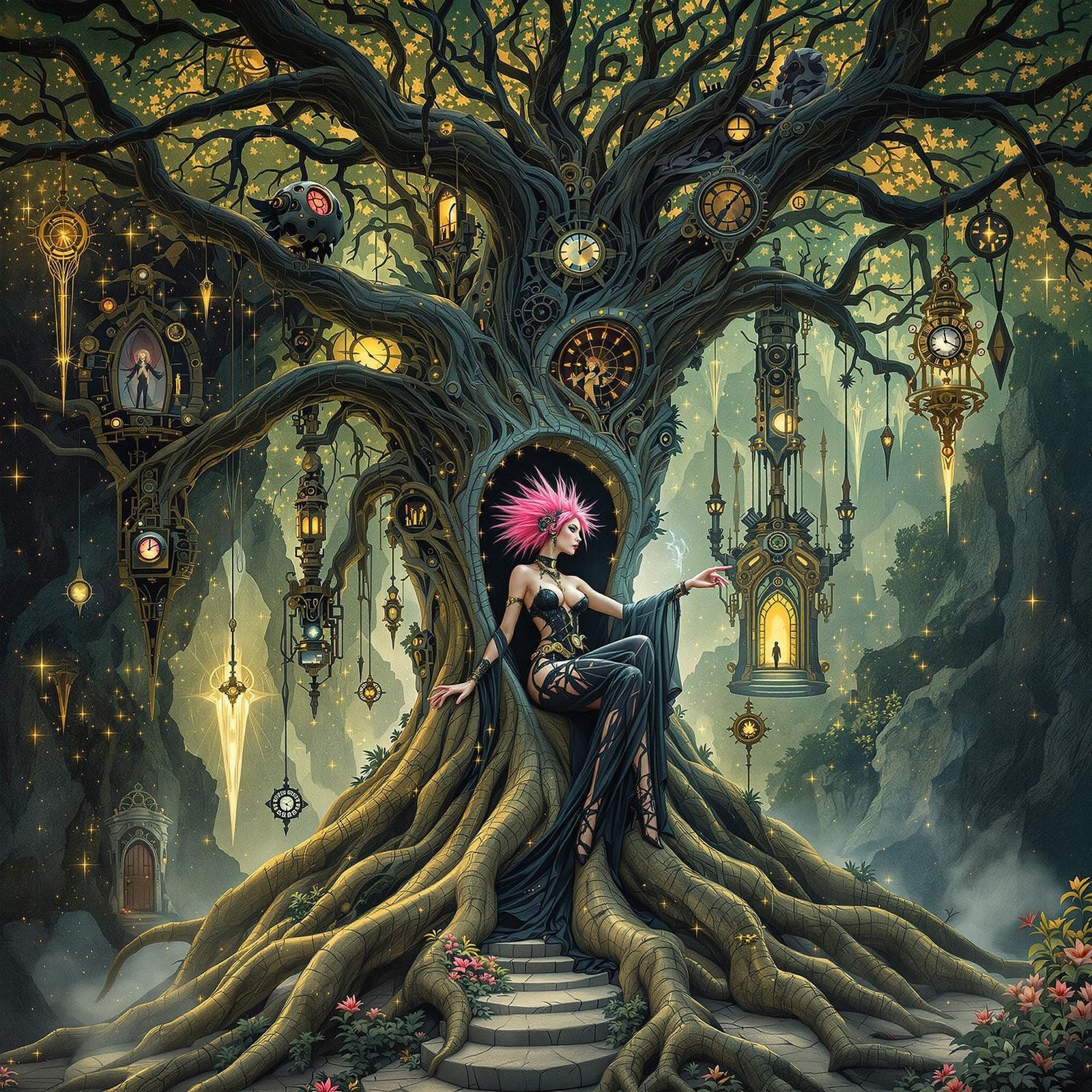 Art Nouveau Sorceress Casting Spell in Steampunk Style