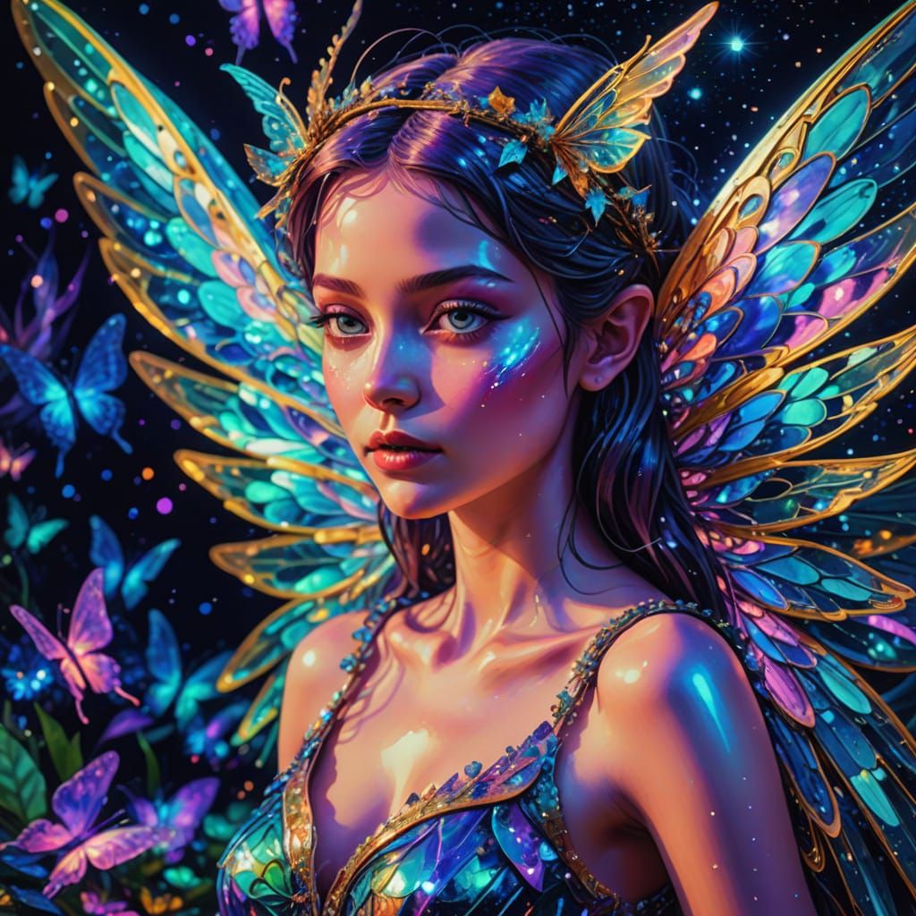 Fauvist Fairy with Iridescent Wings and Galactic Aura