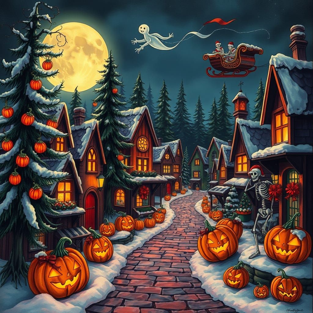 Christmas Halloween Village with Pumpkin Streets and Ghostly...