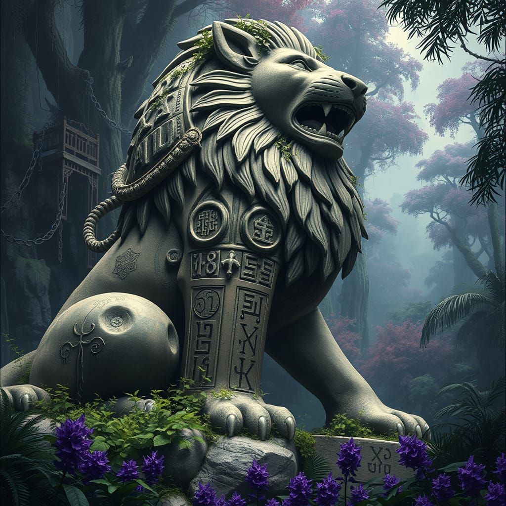 Lion God Statue in Lush Purple Jungle
