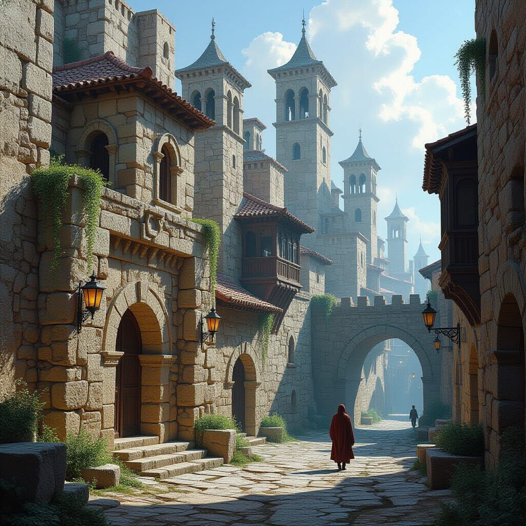 Ancient City in Retrofuturist Medieval Style