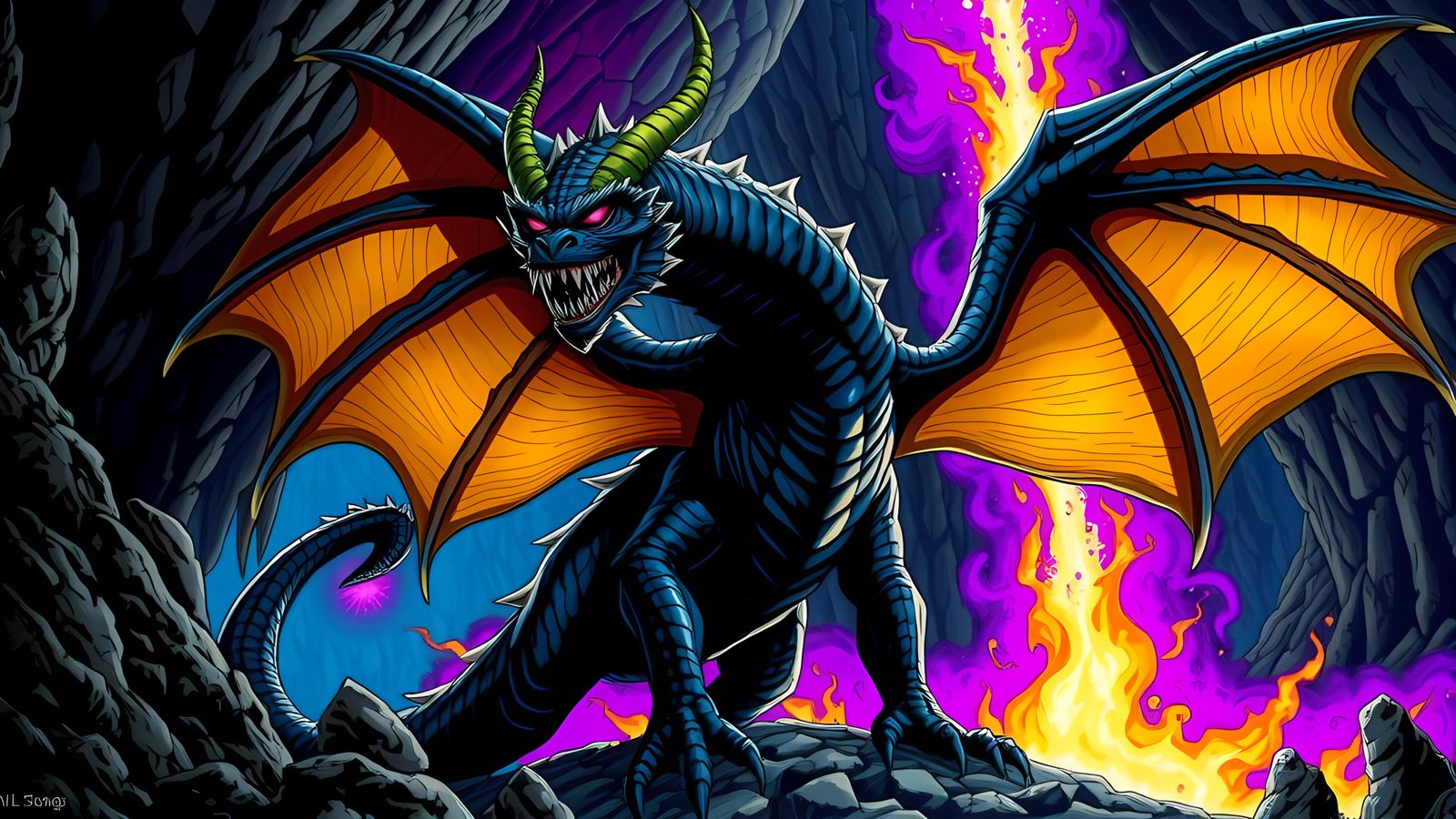 Monstrous Dragon Spewing Purple Flame, Comic Art