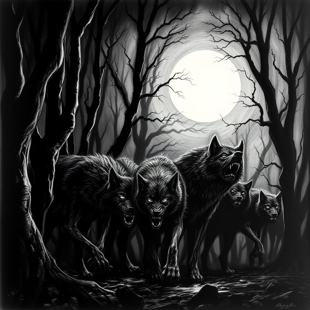 Gothic Forest Scene with Ferocious Werewolves in Charcoal
