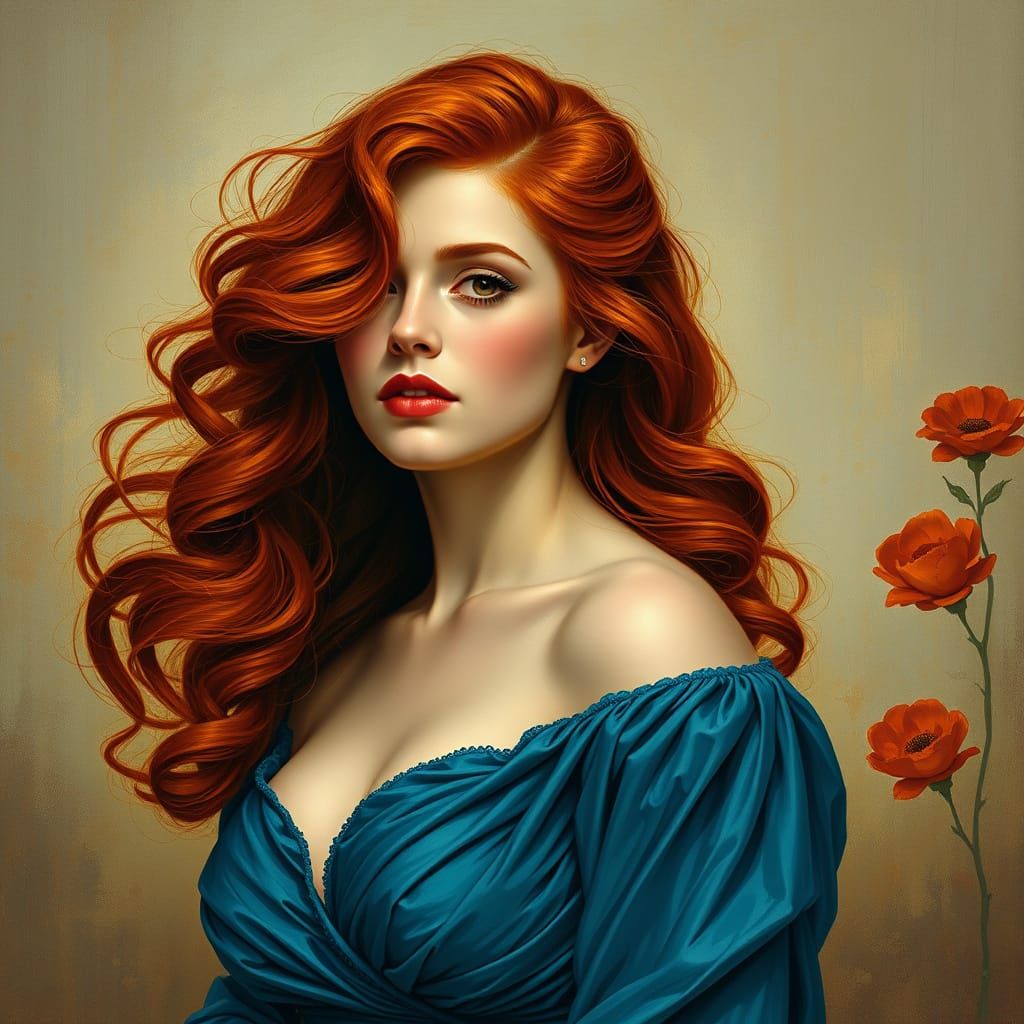 Elegant Woman in Bleumarin Dress with Vibrant Red Hair