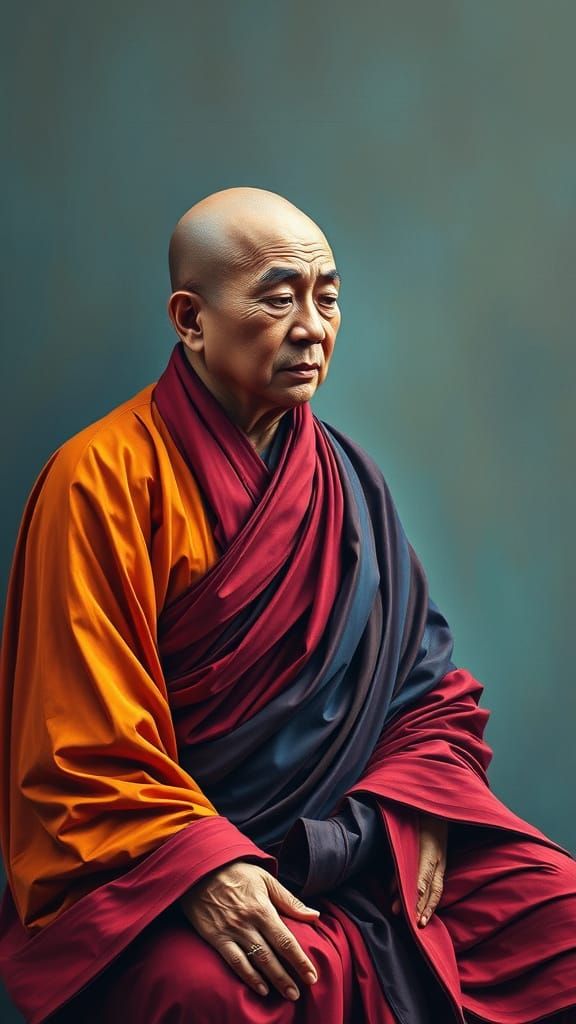 Buddhist Monk in a State of Grace contrasting colors deep color oil on canvas quilling 3D shading elegant intricate irid...