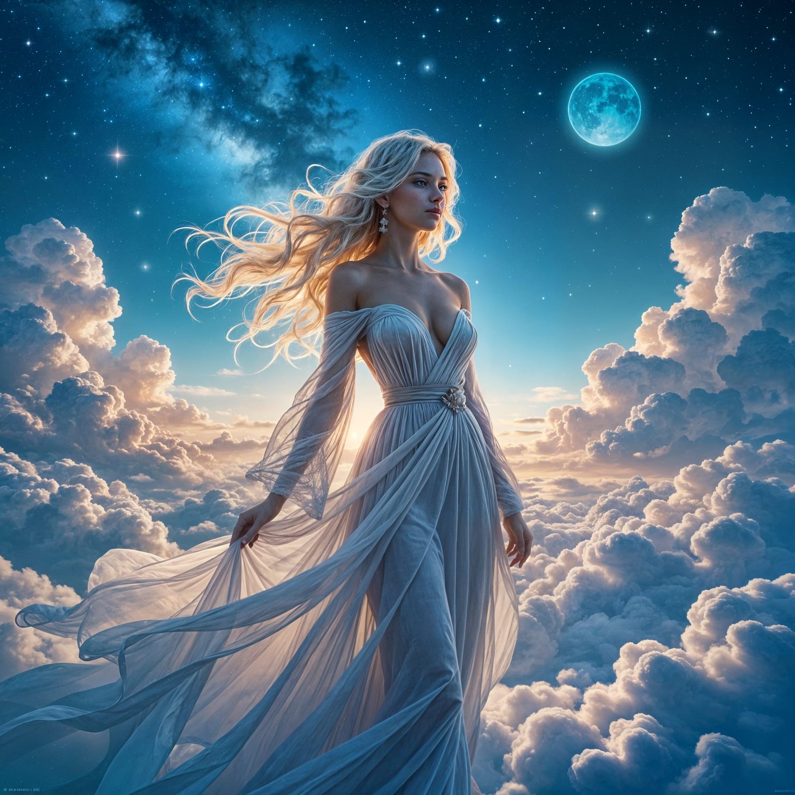 Ethereal Woman with Starry Sky Hair, Dreamlike Surreal Scene