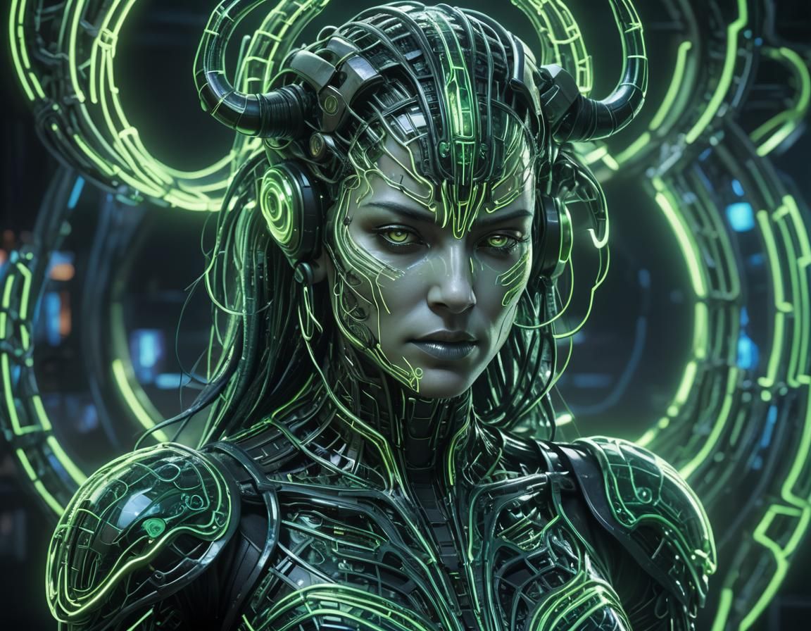 Cyberpunk Centaur with Bioluminescent Giger-esque Details