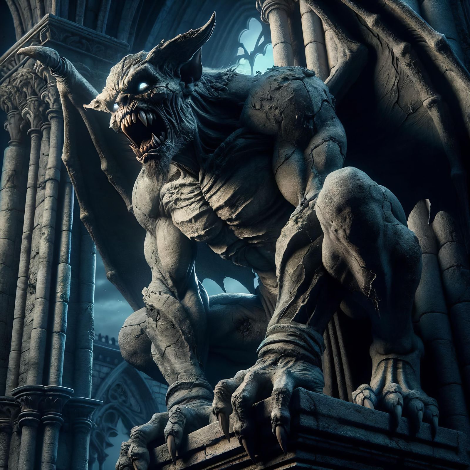 Epic Fantasy Gargoyle Perched on Ancient Ruins