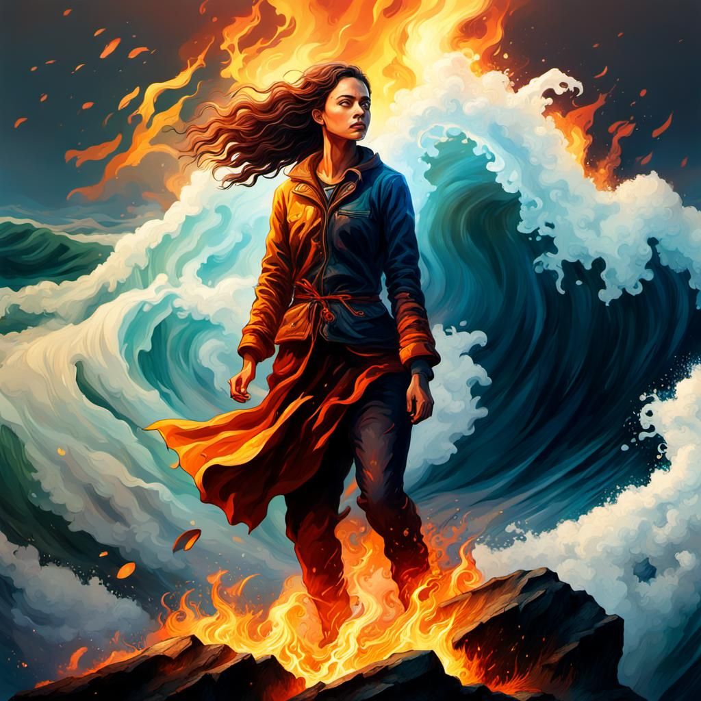 Fiery Woman Amidst Waves: Hyperrealistic Splash Art