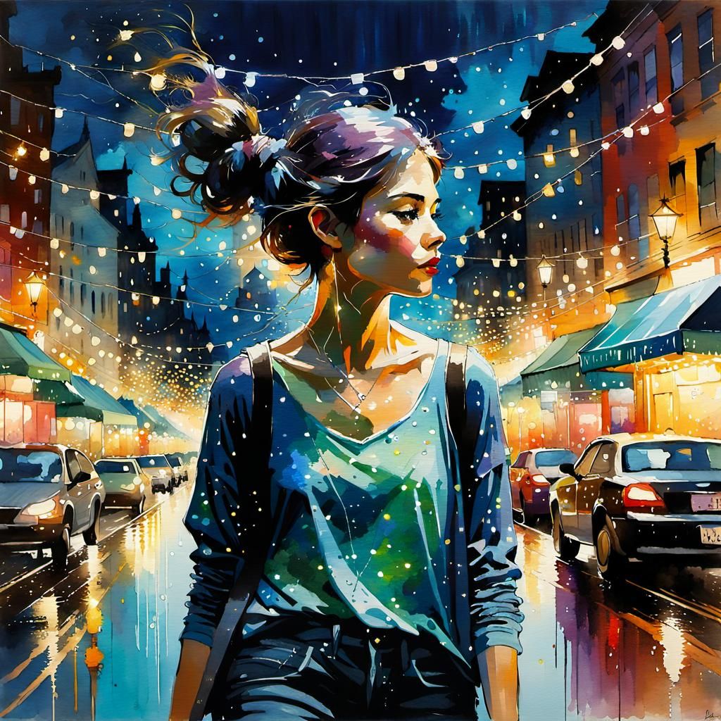 Magical City Woman in Watercolor Style