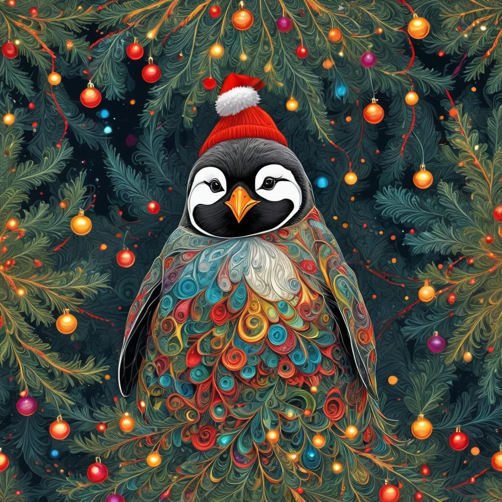Festive Christmas Penguin Fractal Art Portrait