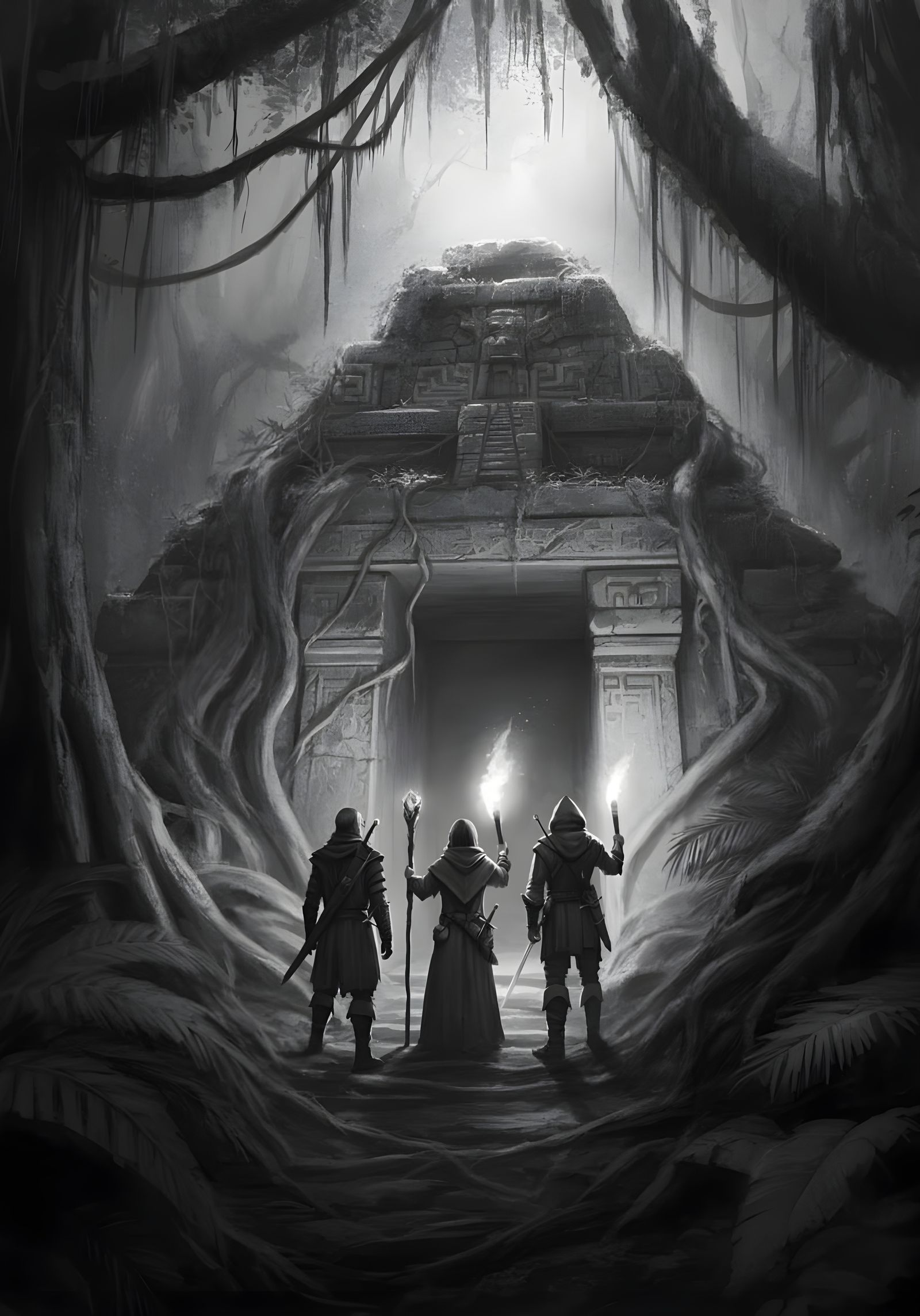 D&D Adventurers Discover Lost Pyramid: Pencil Sketch