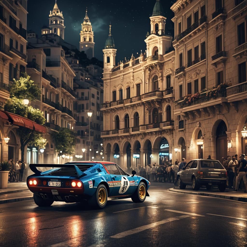 Lancia Stratos Rallying in Monaco at Night