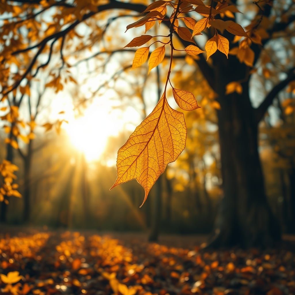 Golden Elder Leaf Woman Falling: Hyperrealistic Image