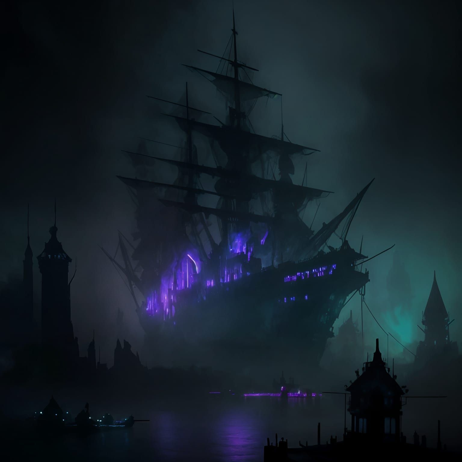 Ghost Ship Over Port City in Dark Fantasy Style