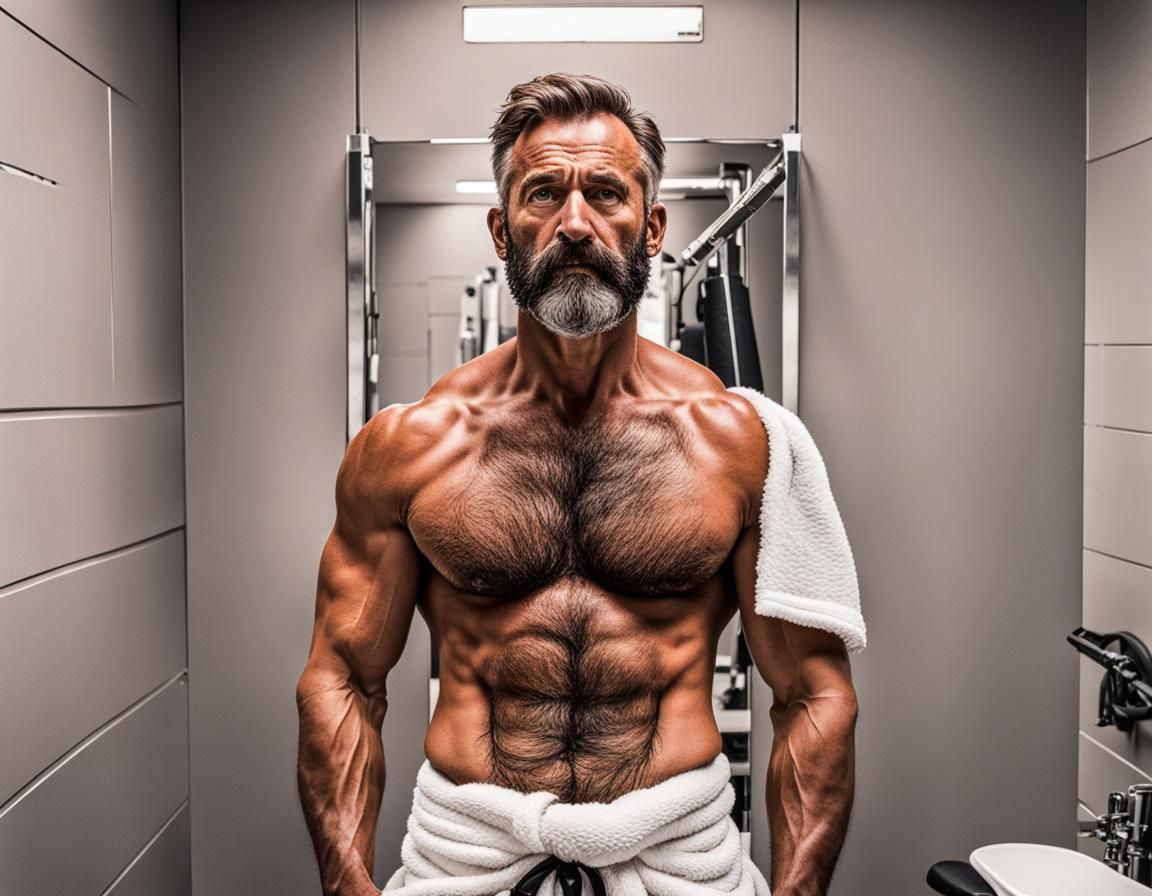 Shirtless Man Shaving in Gym Locker Room