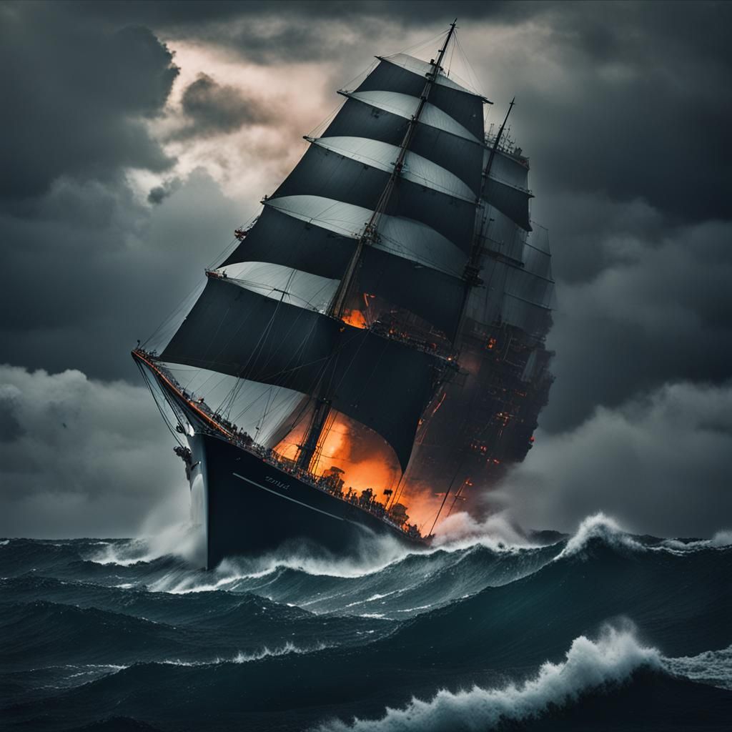 Stormy Seas: Frigate Under Volcanic Lightning