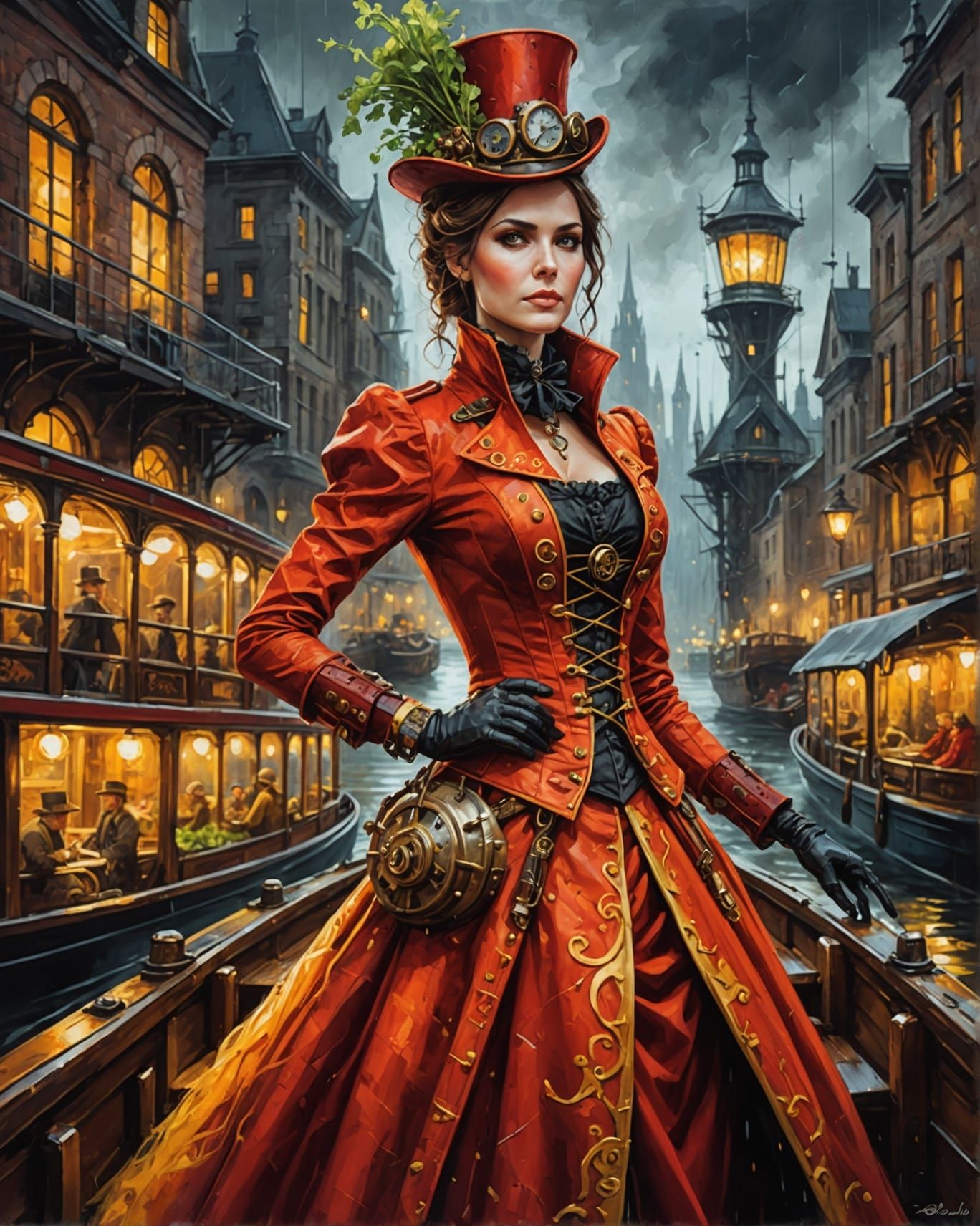 Steampunk Carrot Drives Boat in Oil Painting Style