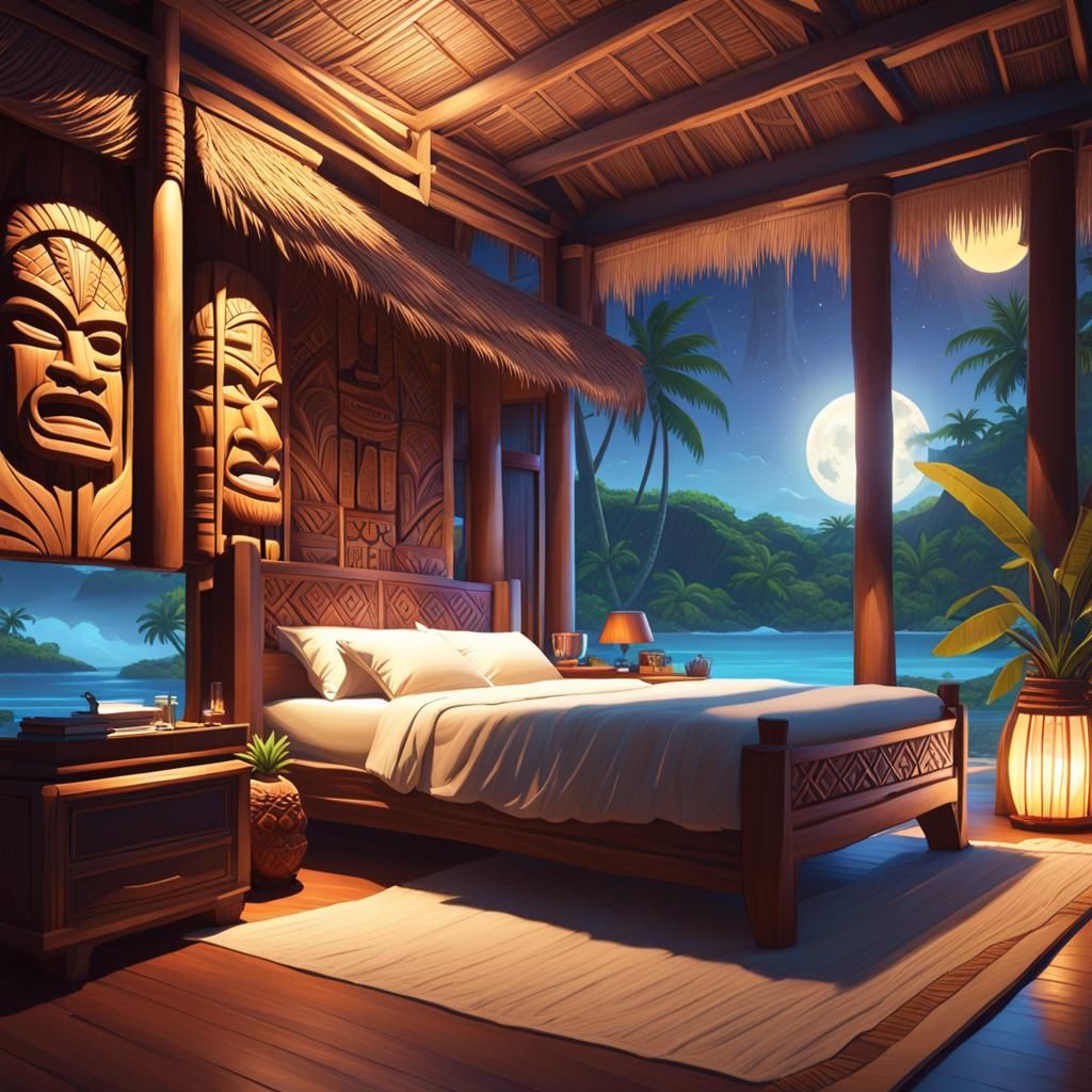 Moonlit Slumber Surrounded by Hawaiian Tikis