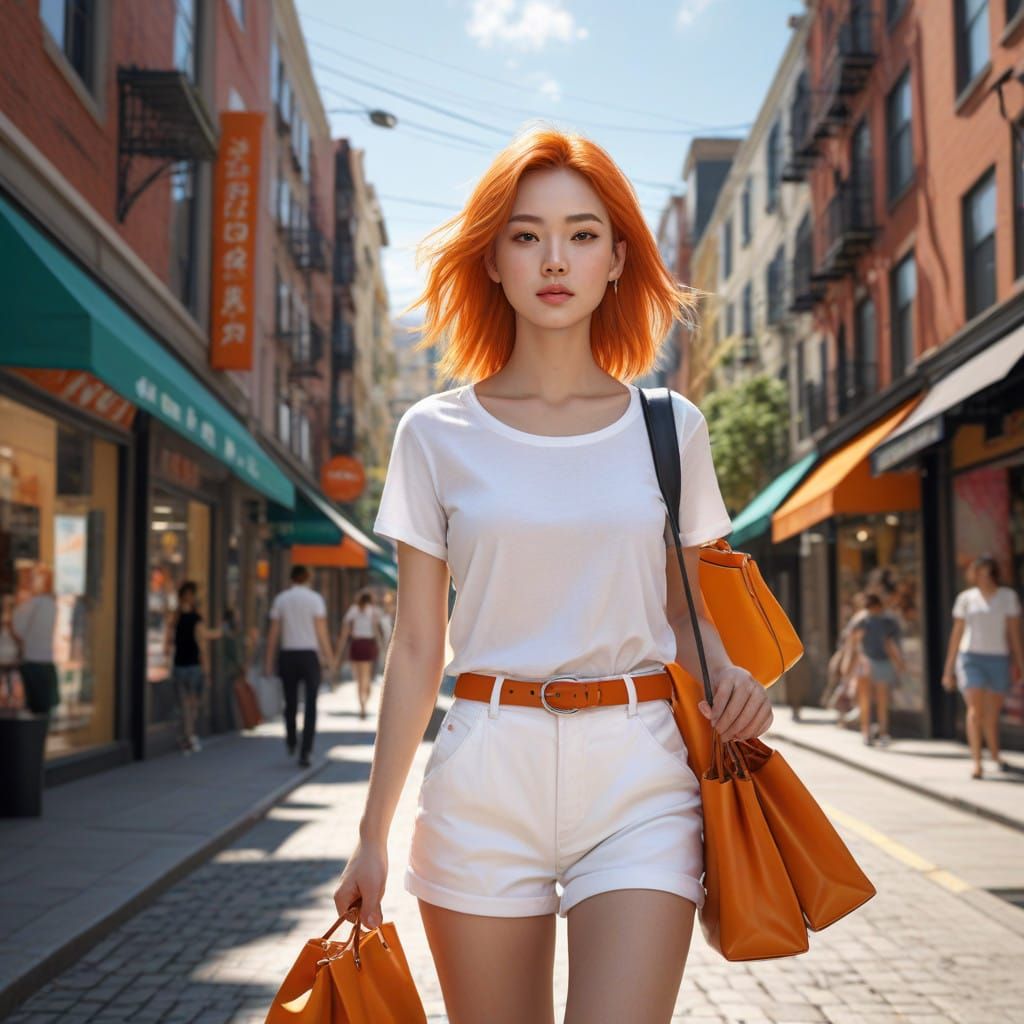 Asian Woman in Vibrant Street Fashion Walking Down City Stre...