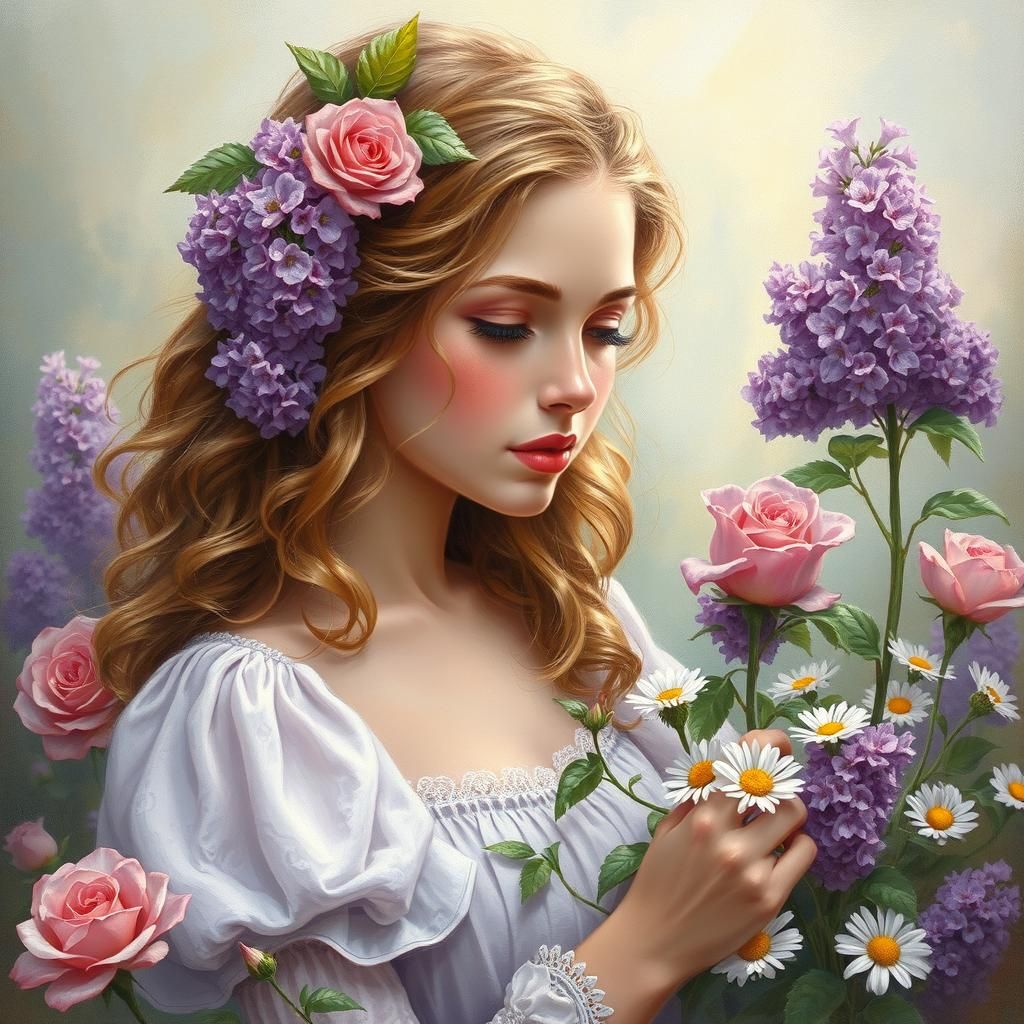 She wears lilacs in her hair