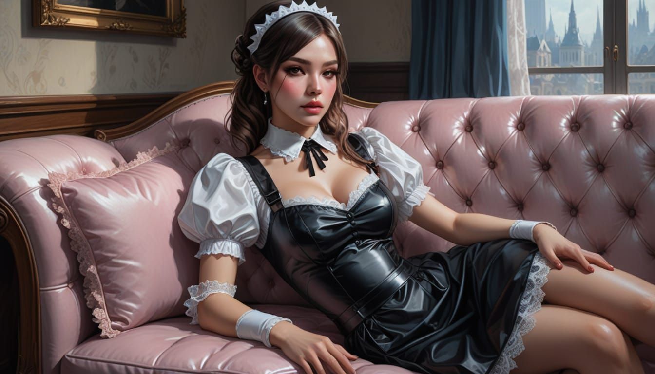Glamorous French Maid Poses on Couch in Digital Painting