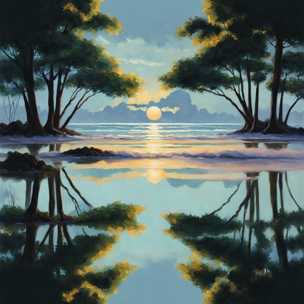 Tropical Beach Reflection in Dappled Moonlight Oil Painting